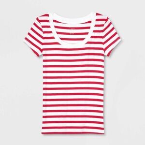 A New Day Red White Stripes Slim Fit Ribbed Short Sleeve Tee Shirt Size M NEW